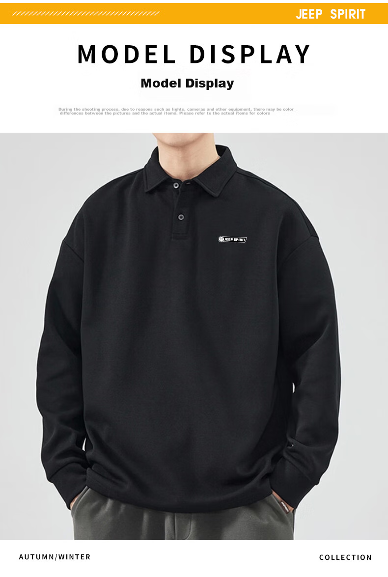 JEEP SPIRIT Men's Long Sleeve Polo Shirt Autumn Lapel Sweatshirt Loose Comfortable Sports Casual Top Black 2XL 8