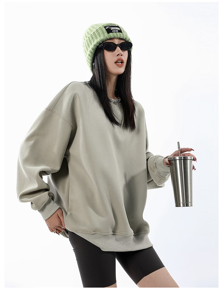 ICH MODE Women's American Style Crew Neck Solid Color Sweatshirt Spring Autumn New Loose Lazy Pullover Long Sleeve Top Black M 13