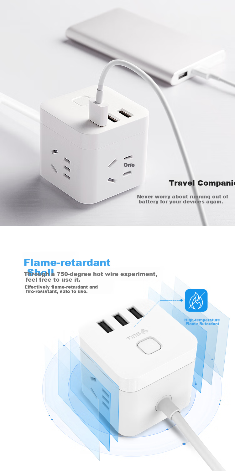 BULL Magic Cube USB Socket Power Strip/Extension Cord GN-U303H Black Magic Cube, Total Length 1.5 Meters, Master Switch 9