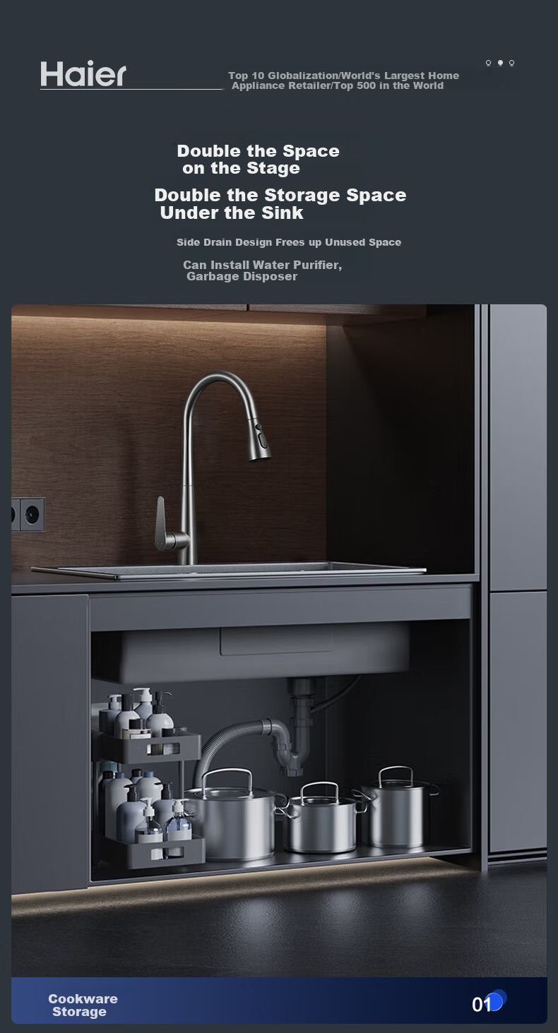 Haier Large Single Sink, Kitchen Thickened 304 Stainless Steel Vegetable Washing Basin, Integrated Hand-Washing Sink, Food Prep Sink with Strainer 25
