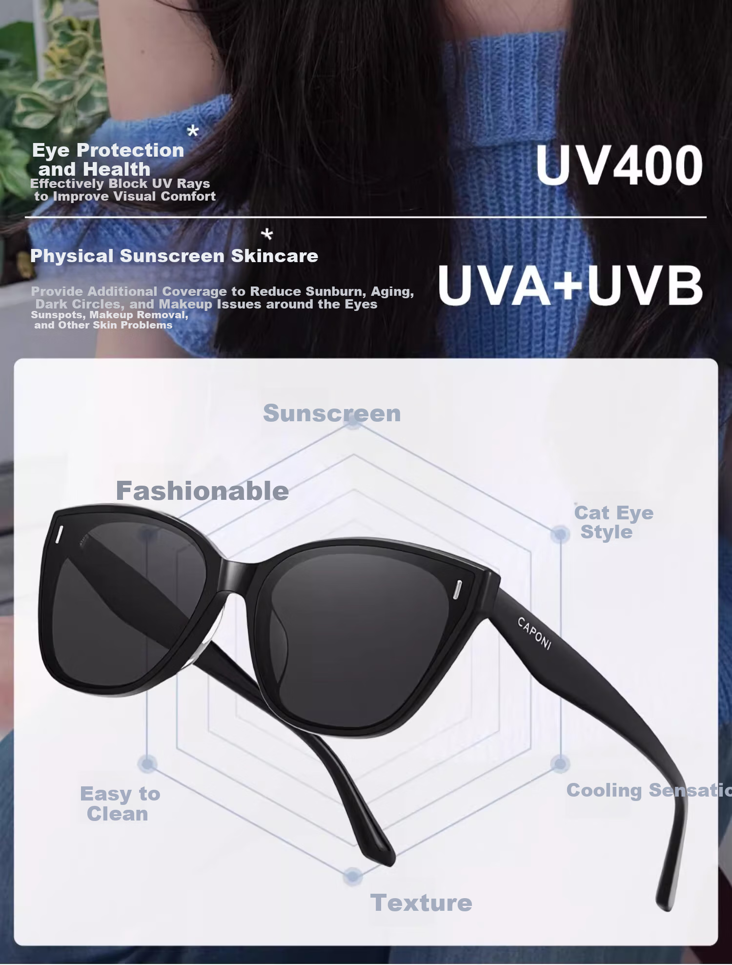CAPONI Polarized Sunglasses for Women, Myopia Glasses, UV Protection, Driving Glasses, High-End Look, Face-Slimming Effect 9