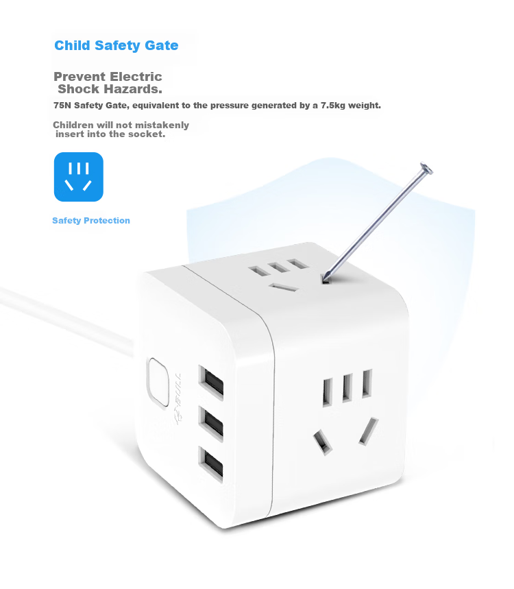 BULL Magic Cube USB Socket Power Strip/Extension Cord GN-U303H Black Magic Cube, Total Length 1.5 Meters, Master Switch 11