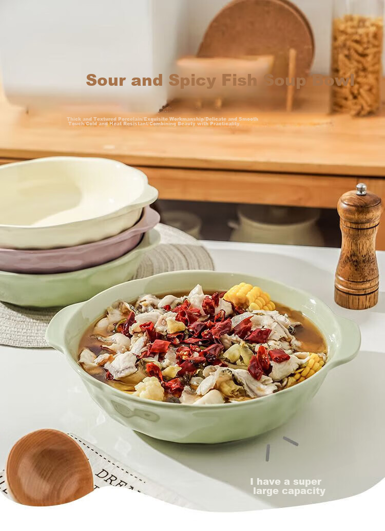 Canjiangjun Pickled Fish Soup Bowl, Large Ceramic Underglaze Colored Double-Ear Embossed Soup Pot for Home Use, White, 12 Inches 1