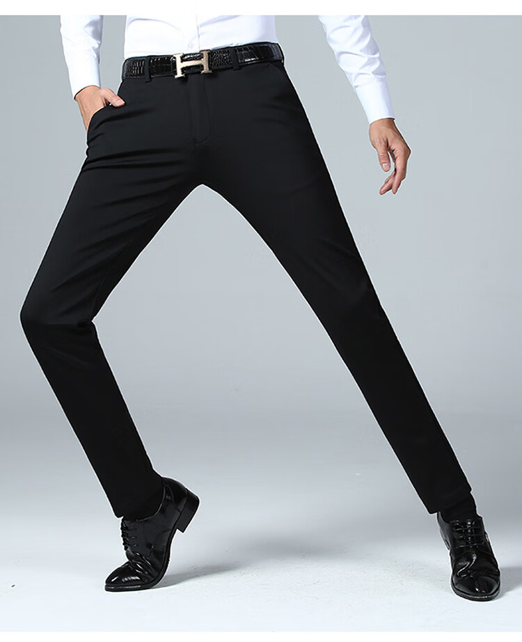 MULINSEN Men's Spring Autumn Straight Leg Stretch Wrinkle-Resistant Solid Color Simple Commuter Casual Trousers Black 38 12