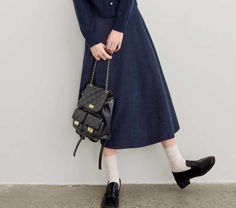 Sentubila Elegant Commuter Set Women Autumn Color-Block Lace Round Neck Stretch Knit Top A-Line Flared Skirt Two-Piece Set 11