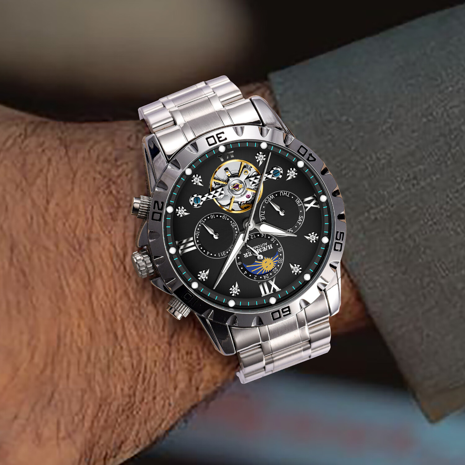 HAEMMER Men's Mechanical Skeleton Multifunction Stainless Steel Waterproof Luminous Luxury Swiss Quality Watch