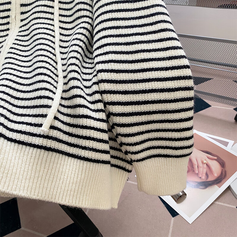 Yishangmei Women's Knitted Cardigan Sweater Autumn Winter 2025 New Plush Thickened Striped Hooded Loose Jacket