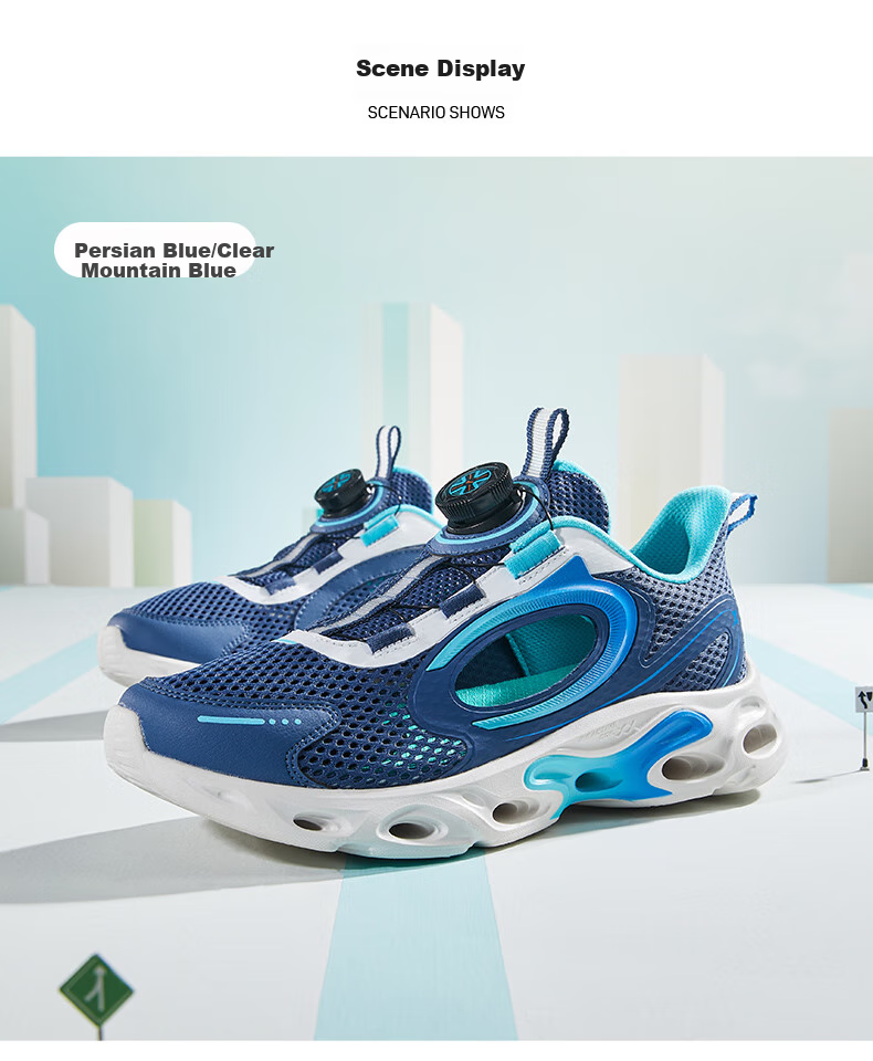 XTEP Children's Shoes for Boys, Hollow Frame Breathable Rotating Buckle Running Shoes, Black/New White/Clean Blue, Size 37 1