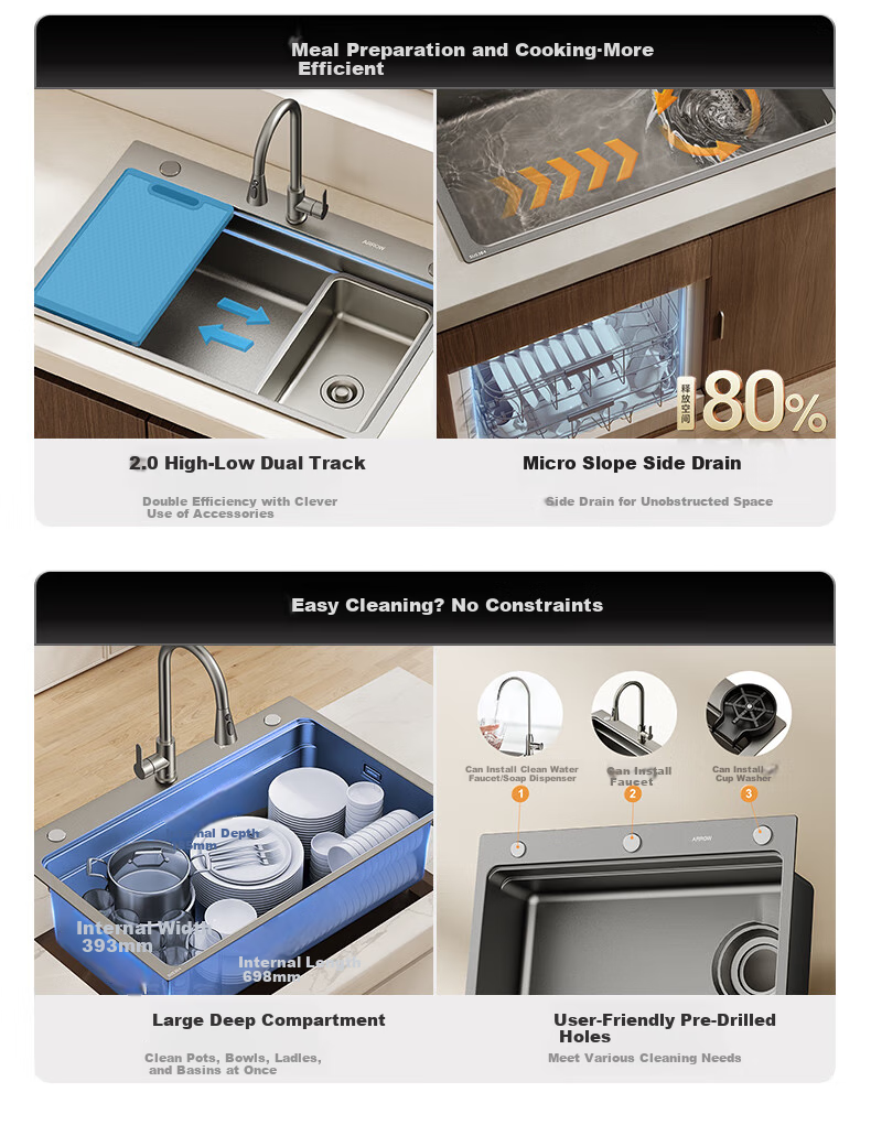 ARROW Kitchen Sink Gun Gray Nano Wide-Edge Large Single Bowl, Integrated Undermount Sink for Kitchen, Dishwashing And Vegetable Washing Table 3