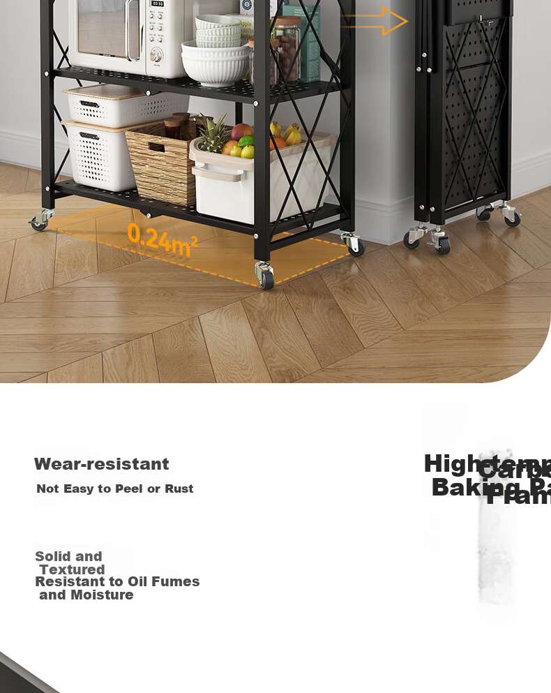 Leaijia Foldable Storage Rack, No Installation Required, Multi-Layer Kitchen Shelf, Movable Floor Storage Organizer for Oven And Microwave 5