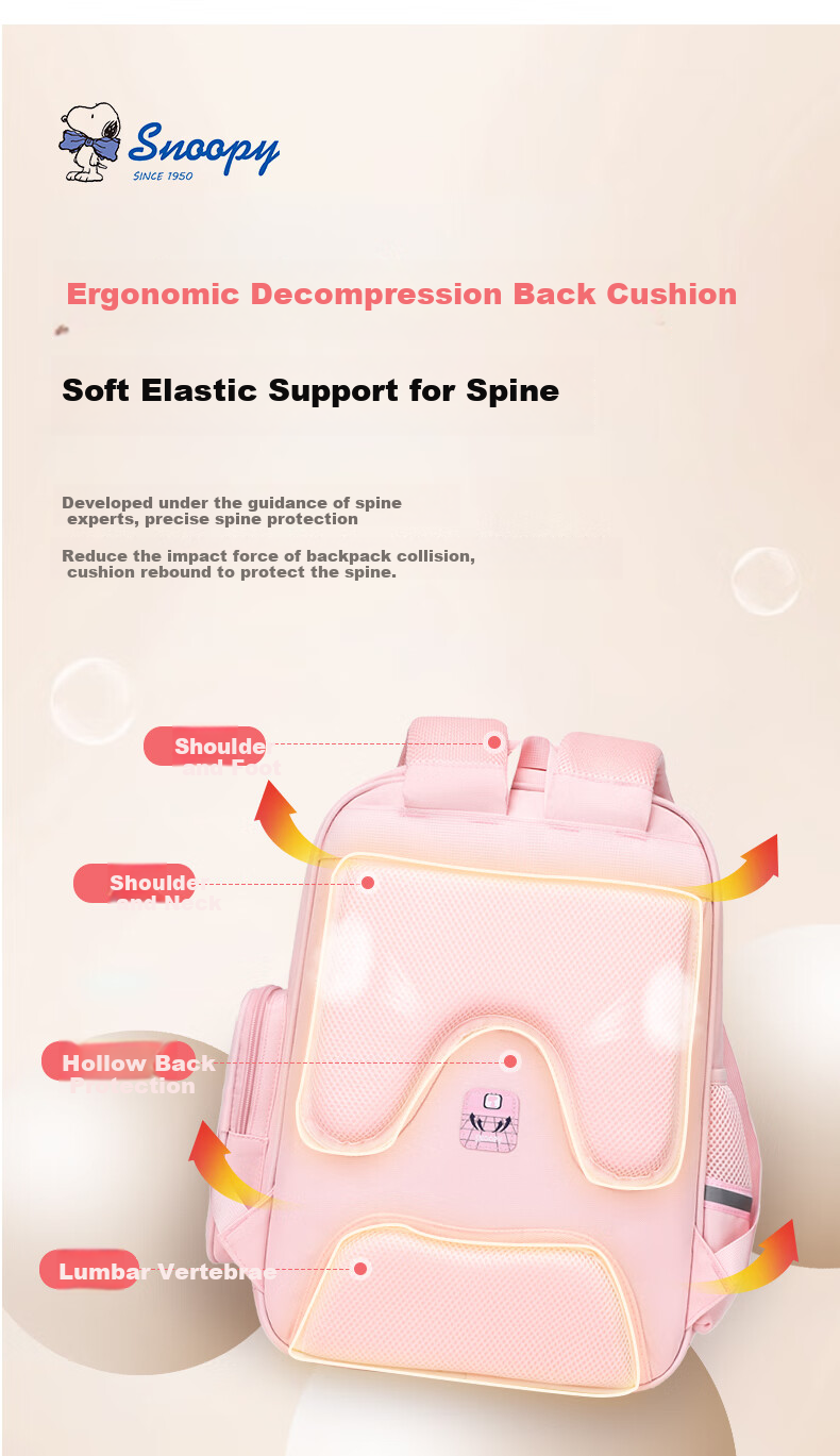 SNOOPY Elementary School Backpack Lightweight Children's Spine-Protecting Load-Reducing Shoulder Bag for Grades 4-6, Large Pink Size 4
