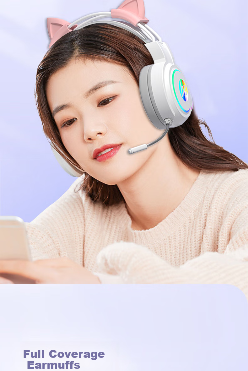 HP H100 Gaming Headset with Microphone for E-Sports, Black Myth: Wukong, Office Work, Study, And Multi-Purpose Use - White USB Interface Cat Ear Set 9