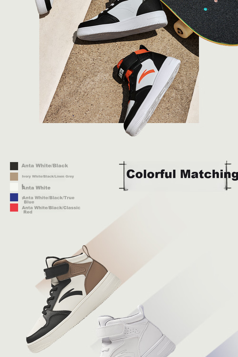 ANTA Children's Sports Shoes for Boys, Big Kids' Size 25, Autumn And Winter Casual Shoes, White Sneakers, High-Top Skateboard Shoes A12438004H 22