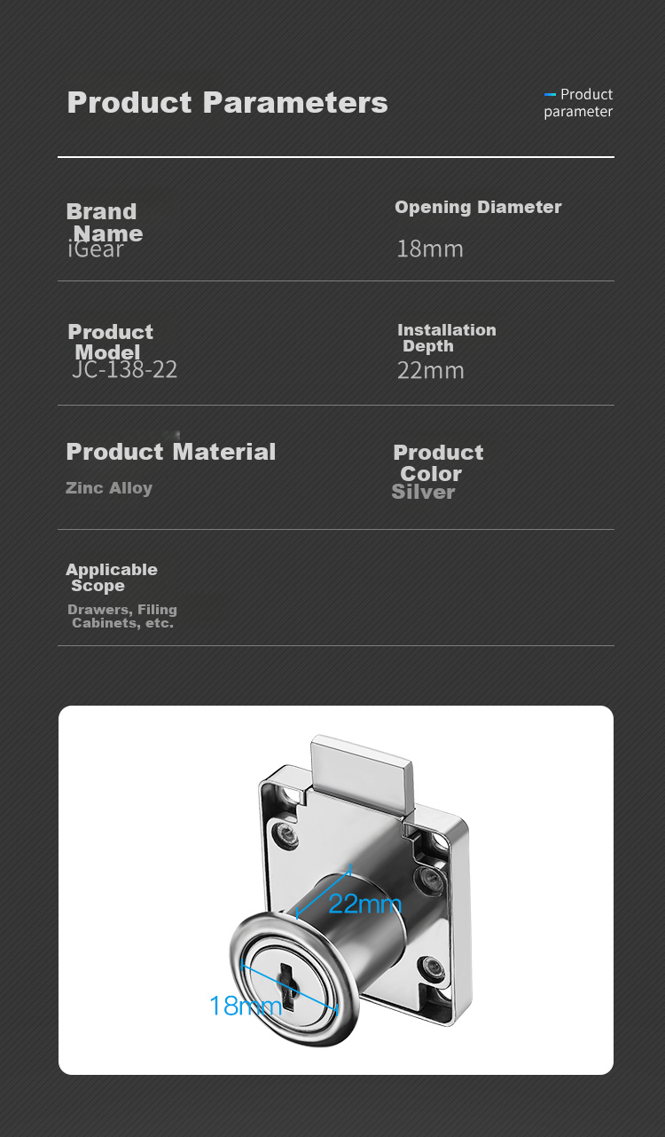 IGear Drawer Lock, Flat Head Lock, File Cabinet Furniture, Wardrobe, Bedside Table, Safety Lock, Thickened Office Desk Storage Cabinet Lock 7