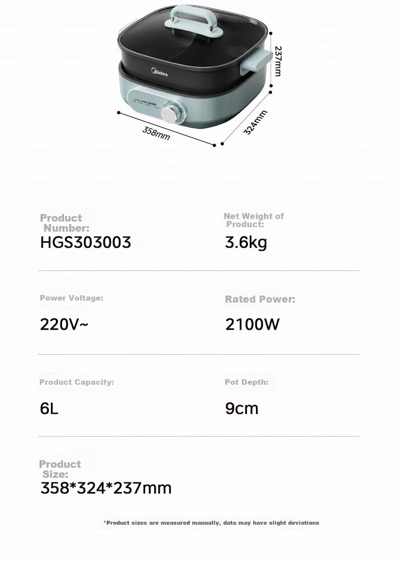 Midea Electric Hot Pot, Dual-Sided Pot for Home Use, 4-6 People, 6L Capacity, Titanium And Ceramic, Zero Fluorine, Antibacterial, Dormitory Style, Detachable Design, 9CM Deep, Multifunctional, Bionic Non-Stick Pot, New Electric Cooker, Self-Operated 25