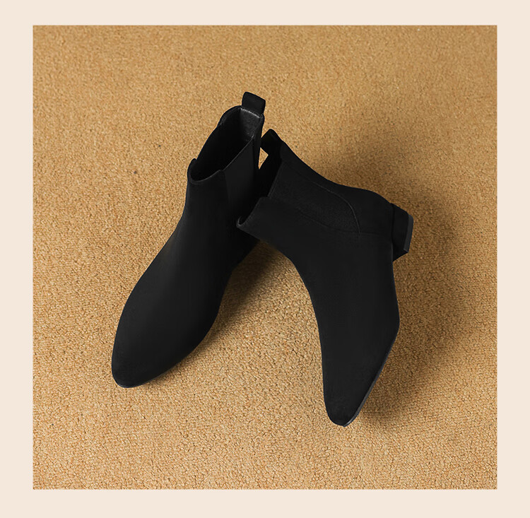ZHR Women's Autumn Winter Suede Pointed Toe Fleece-Lined Chelsea Boots, Versatile Commuter Chunky Heel Boots K379A Black Size 36 11
