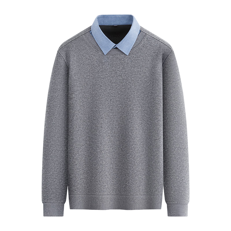 Hengyuanxiang Men's Autumn New Fake Two-Piece Knit Sweater, Business Casual Fleece-Lined Pullover for Young and Middle-Aged Men