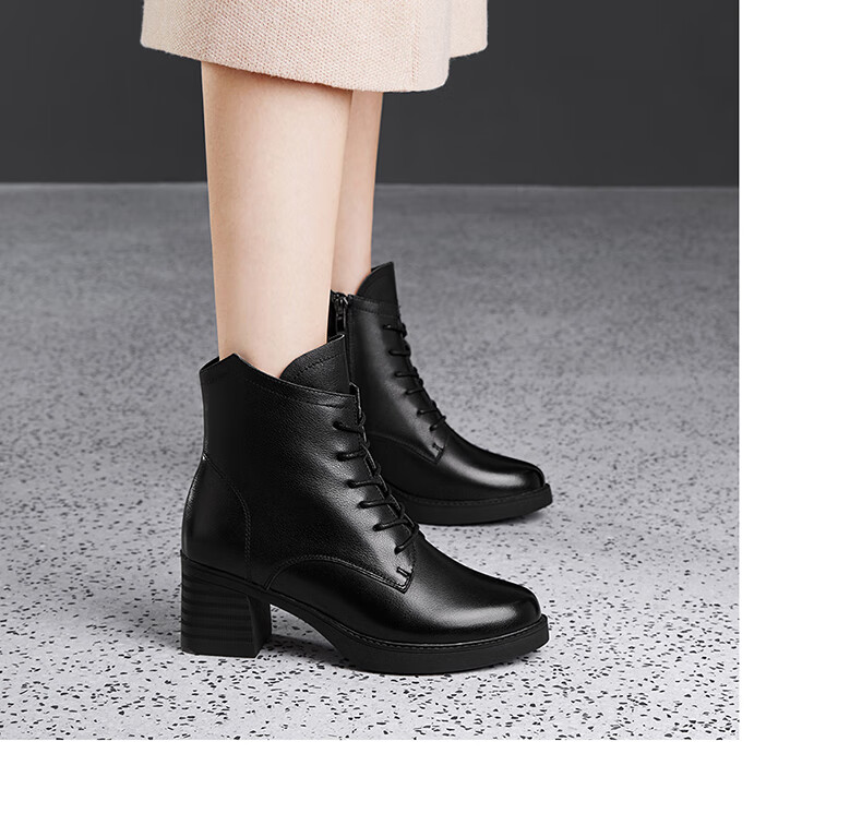 FUGUINIAO Genuine Leather Cowhide Fashion Boots for Women Autumn Winter Fleece Lined Warm Short Boots Round Toe Chunky High Heels Short Plush Size 39 3