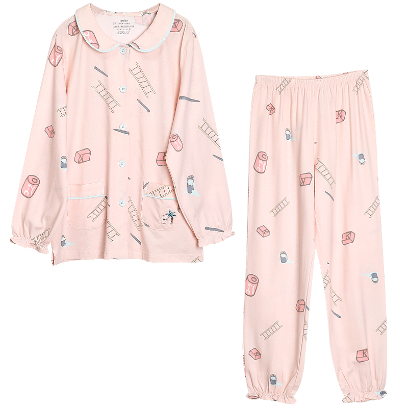 Hodohome Children's Pajamas Girls Cotton Spandex Loungewear Cartoon All-Over Print Long-Sleeve Cardigan Set 116 110
