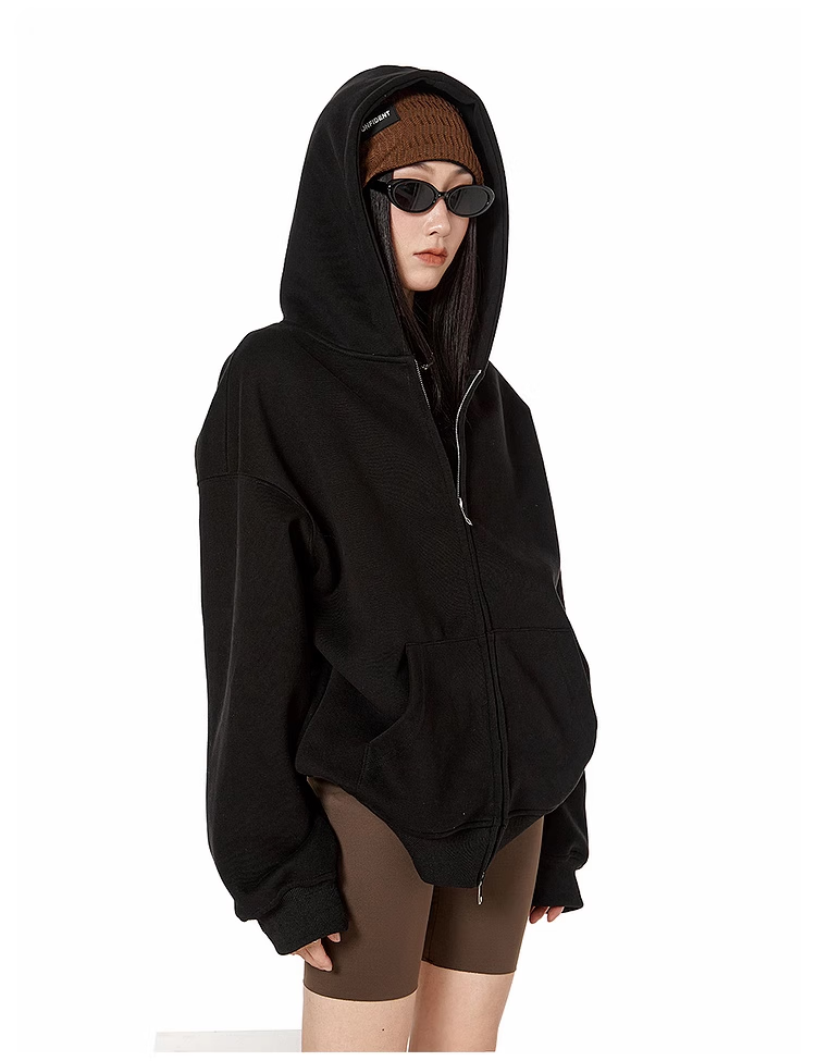 ICH MODE Fleece-Lined American Style Hoodie Jacket Women Autumn Winter Loose Fit Double Zipper Cardigan Lazy Long Sleeve Coat Black L 13