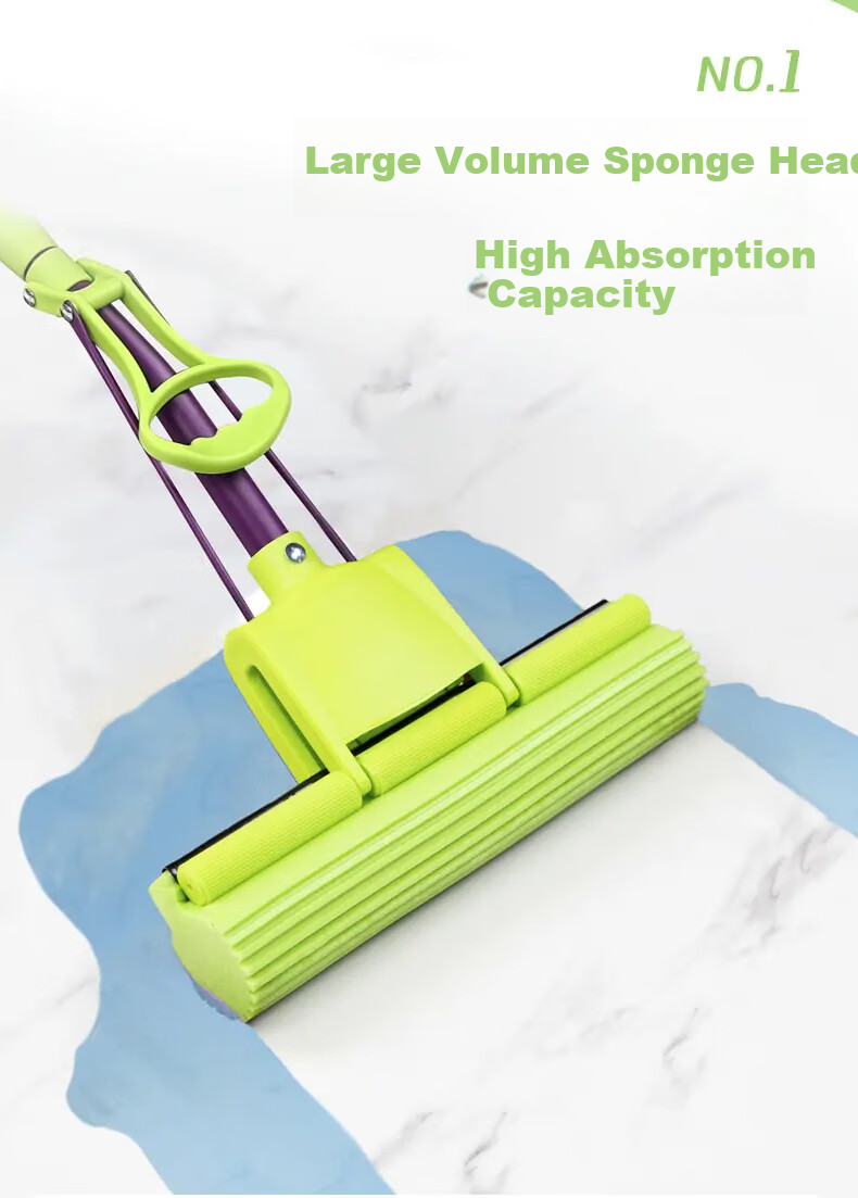 MIAOJIE Sponge Mop, 27cm Handle Length, 120cm Total, 2 Heads, Roller-Type, Lazy Person's Household Use, All-In Cleaning, No Hand Washing Required, Sponge Absorbent 3