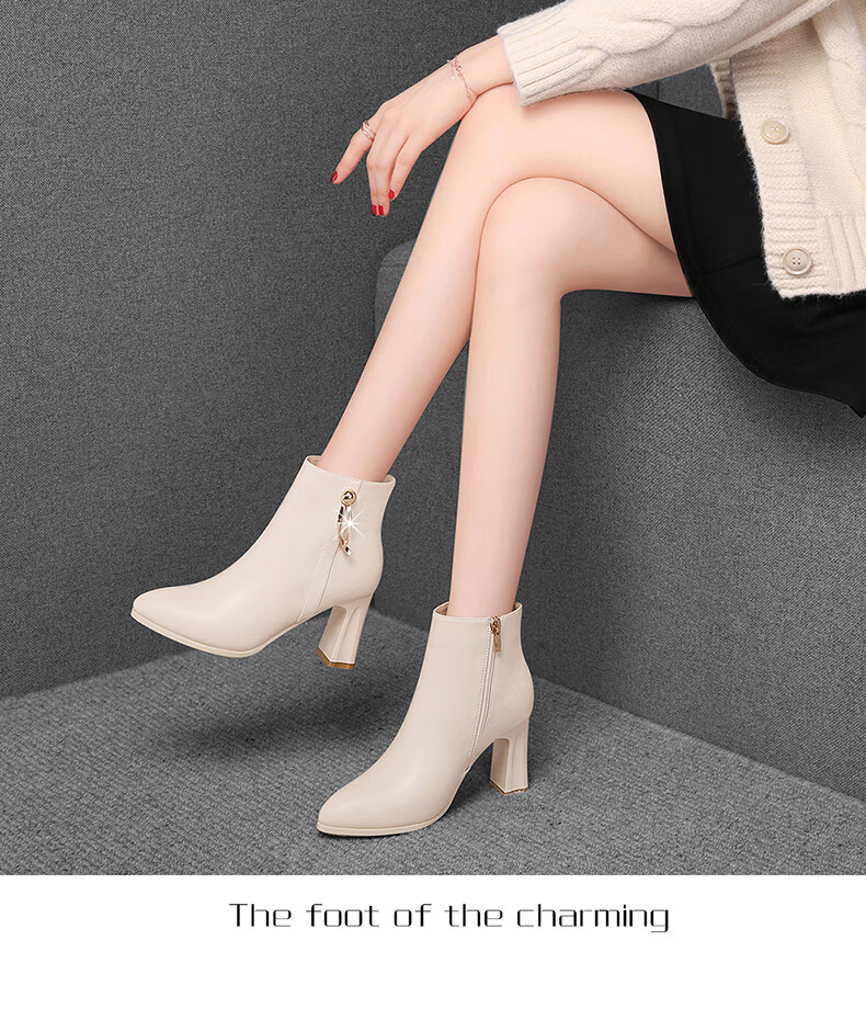 FUGUINIAO Genuine Leather Cowhide Fashion Boots Women Autumn Winter Fleece Lined Warm Short Boots Round Toe Chunky Heel Slim Boots Black Size 37 13