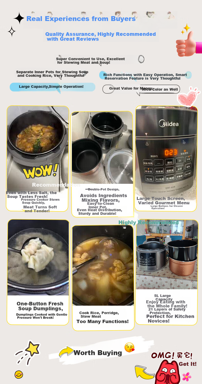 Midea Dumpling King Electric Pressure Cooker, 5L Household Electric Pot, Fully Automatic Intelligent Reservation, Waterless Baking, Dual Inner Pot, Open Lid Hot Pot, High Pressure Cooker MY-E5910 (For 4-6 People) 2