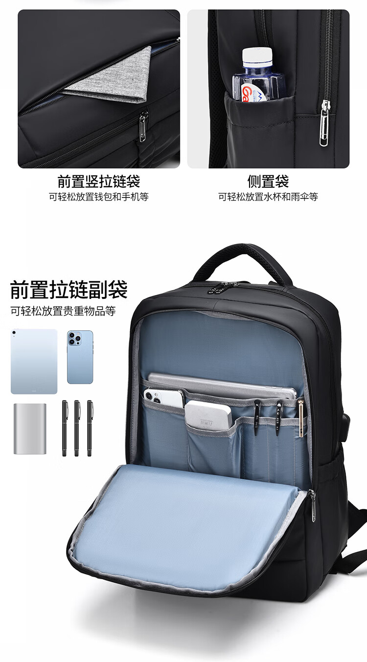 361° Backpack School Bag Double Shoulder Business Laptop Bag Unisex USB Rechargeable Large Capacity Commuter Black 3