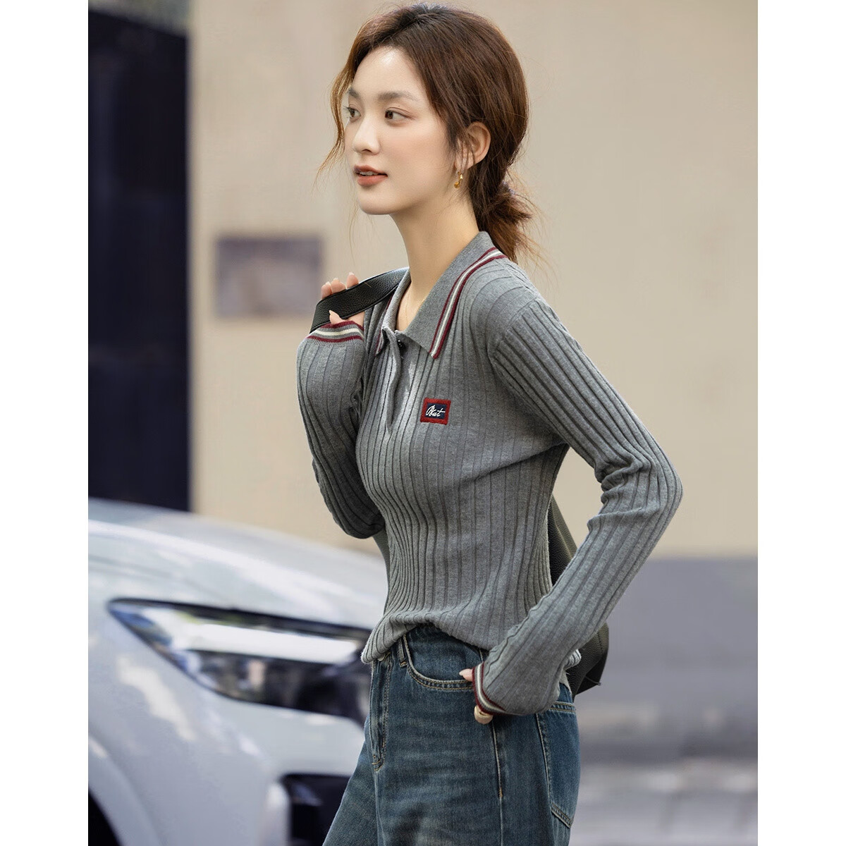 Demana Autumn Smart Collar Colorblock Letter Embroidered Slim Knit Sweater with Fluffy Wool for Women