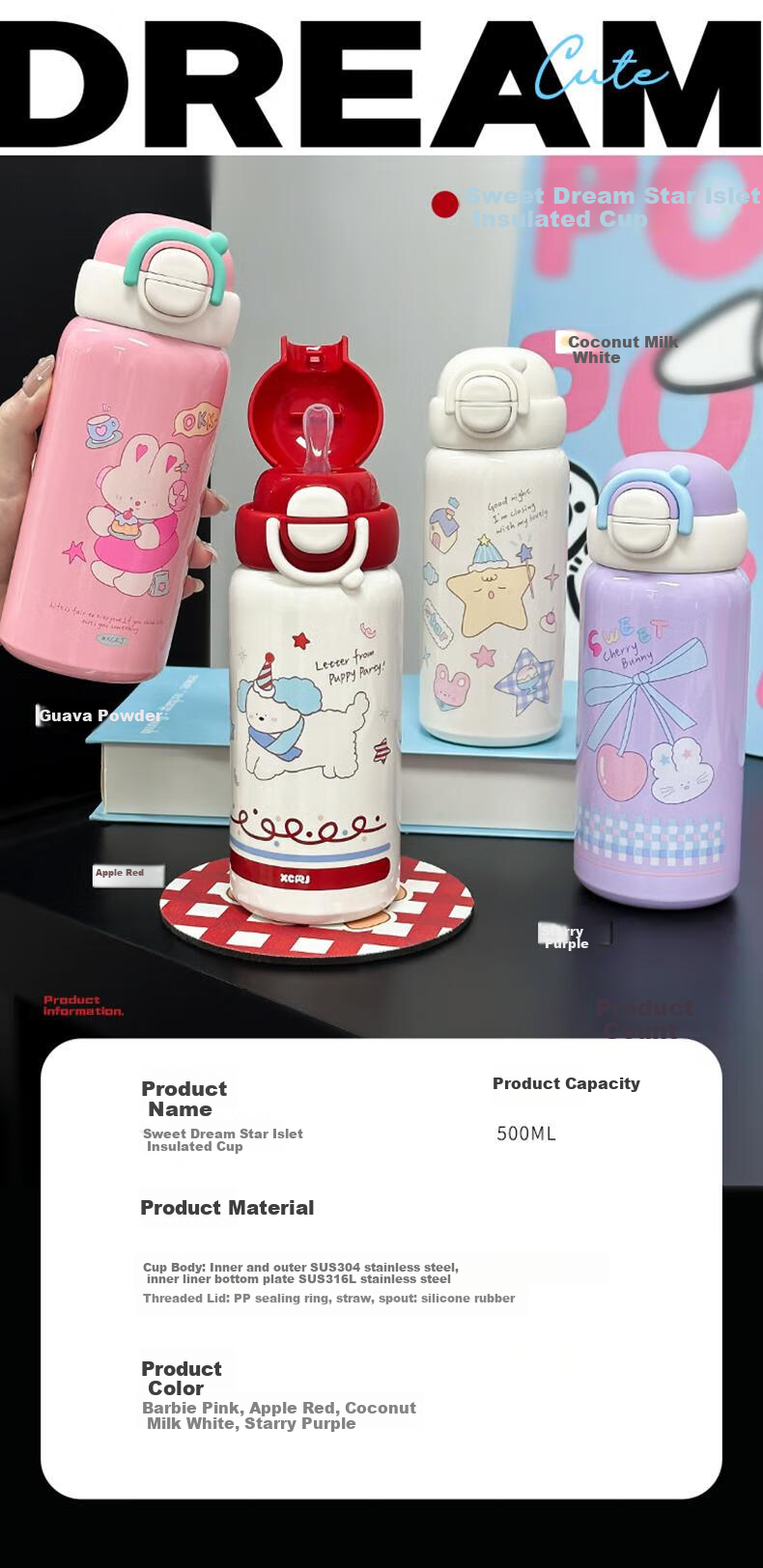 JIWUSENLIN Children's Insulated Cup Large Capacity Water Bottle for Boys And Girls with 304 Stainless Steel Cold-Keeping Straw Cup White 500ml 9