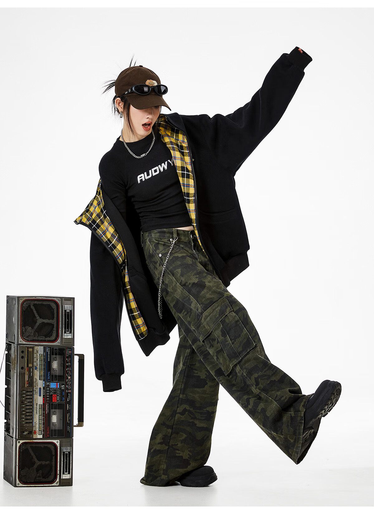 ICH MODE Celebrity Style American Plaid Patchwork Cardigan Sweatshirt Autumn Jacket Sports Cardigan Top Women Heather Gray XL 54