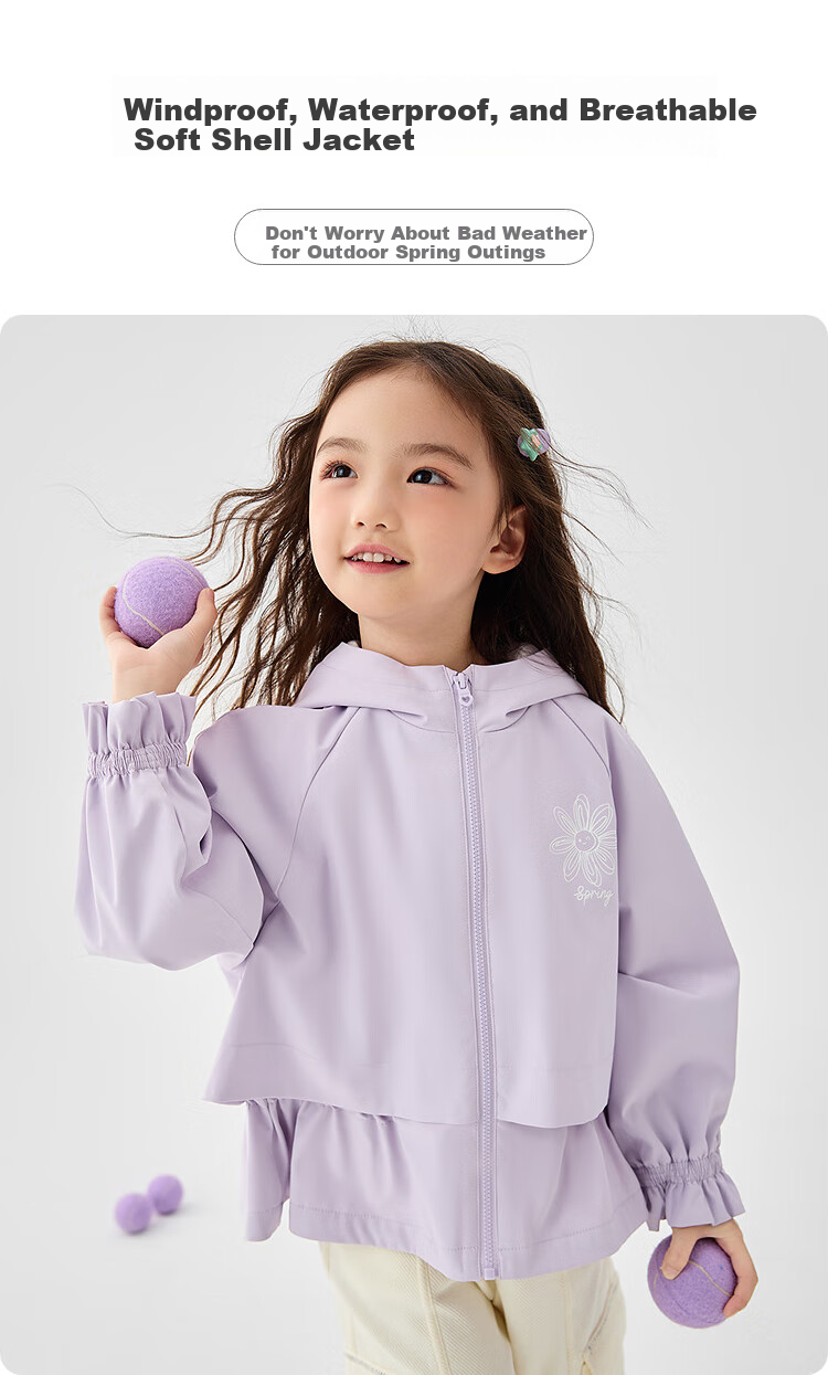 BALABALA Girls' Soft Shell Jacket with Hood, Faux Two-Piece Design, Spring 2025 Collection [Same As In-Store], 201125105012 1