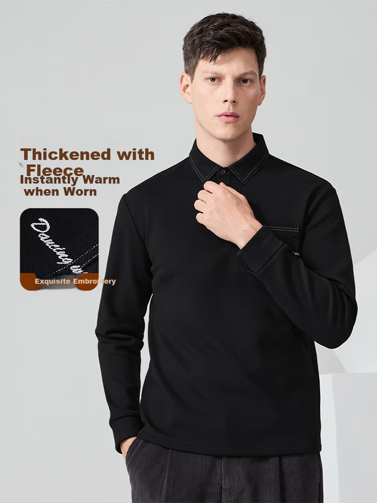 DANCING WOLVES [Fleece-Lined for Warmth] Autumn And Winter Fashionable Stitched Design Men's Long-Sleeve POLO Shirt, 001 Black, Size 175 1