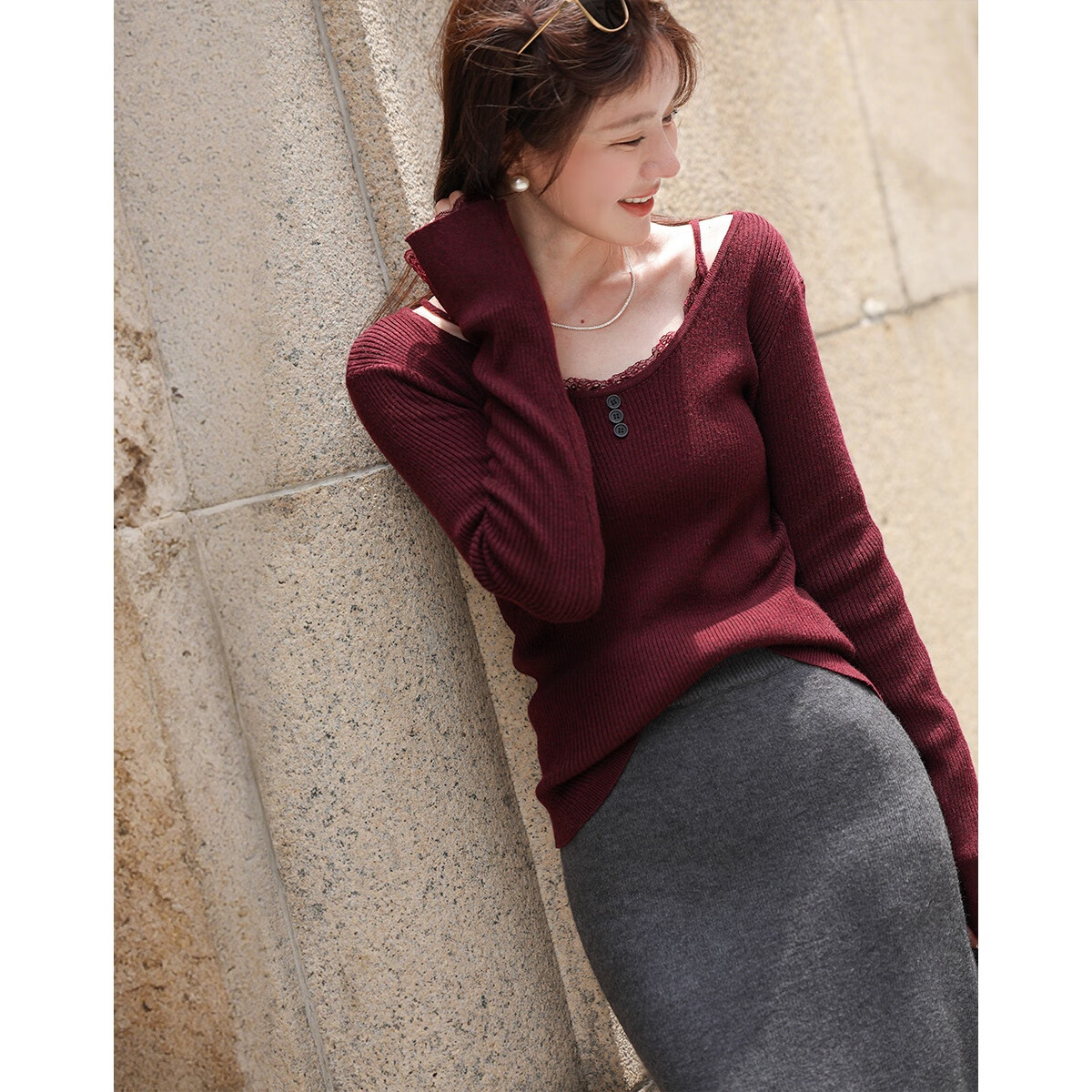 MT Slim Fit Short Wool Blend Lace Splice U-Neck Knit Sweater for Women - Autumn Collection
