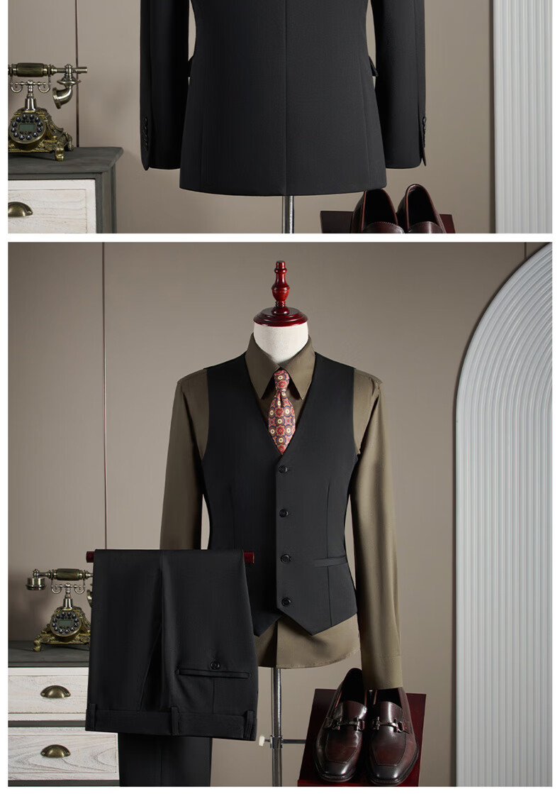 ROMON Men's Business Suit Set Blazer Vest Trousers Wedding Formal Jacket Dark Gray M 3