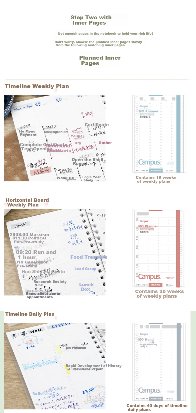 KOKUYO Campus MO Loose-Leaf Planner Notebook Refill Pages, 20 Sheets Landscape Weekly Planner, WCN-CDTAR01 4