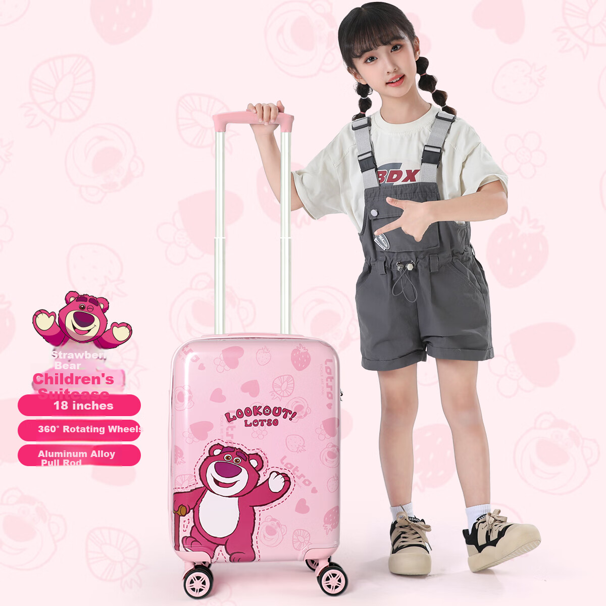 Mesuca Strawberry Bear Children's Luggage, Elementary School Student Password Suitcase, Girls' Travel Case, Carry-On Luggage, 18 Inches