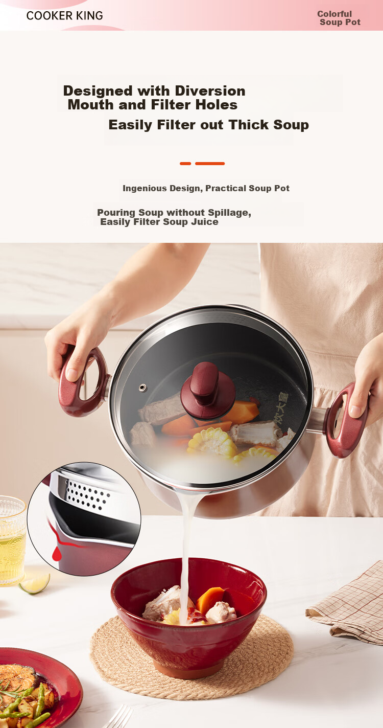COOKER KING Non-Stick Soup Pot Easy-To for Stewing, Cooking Porridge, Milk Pot 22cm Compatible with Induction Cooker Colorful WG14320 3