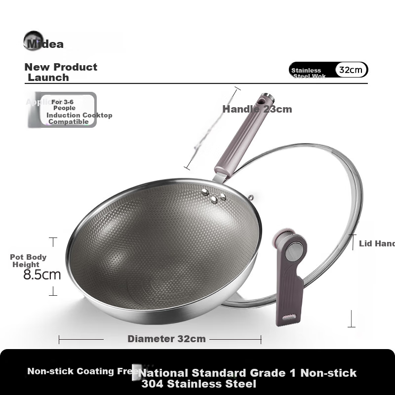 Midea Non-Stick Wok, Stir-Fry Pan, Induction Cooker Compatible, 304 Stainless Steel Pot, Gas Stove Ceramic Pan, Zero Fluorine Snowflake Non-Stick Core