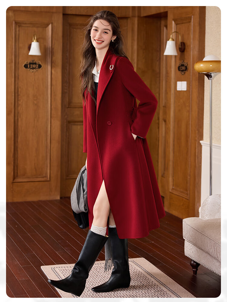 Bailu Elegant Commuter Double-Sided Wool 25 Winter New Belted Slim Fit 100% Wool Coat Women French Red L 5