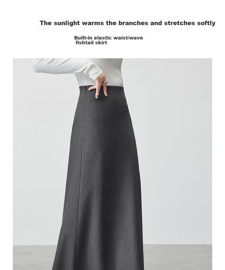 Sentubila Spring And Summer Wool Blend Skirt for Women with Elastic Waist, Slim Fit, Draping A-Line Skirt with Small Wavy Hem, Charcoal Gray, Size L 4