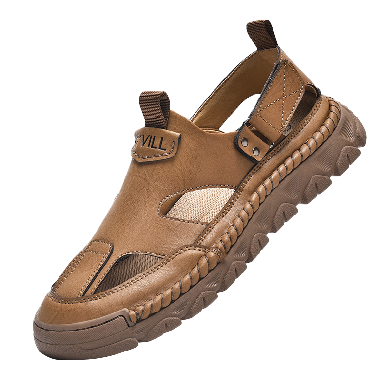 Guizhibu Summer Breathable Sandals, Non-Slip Sports Casual Closed-Toe Beach Shoes, Light Luxury Leather Sandals G1101, Light Brown, Size 44