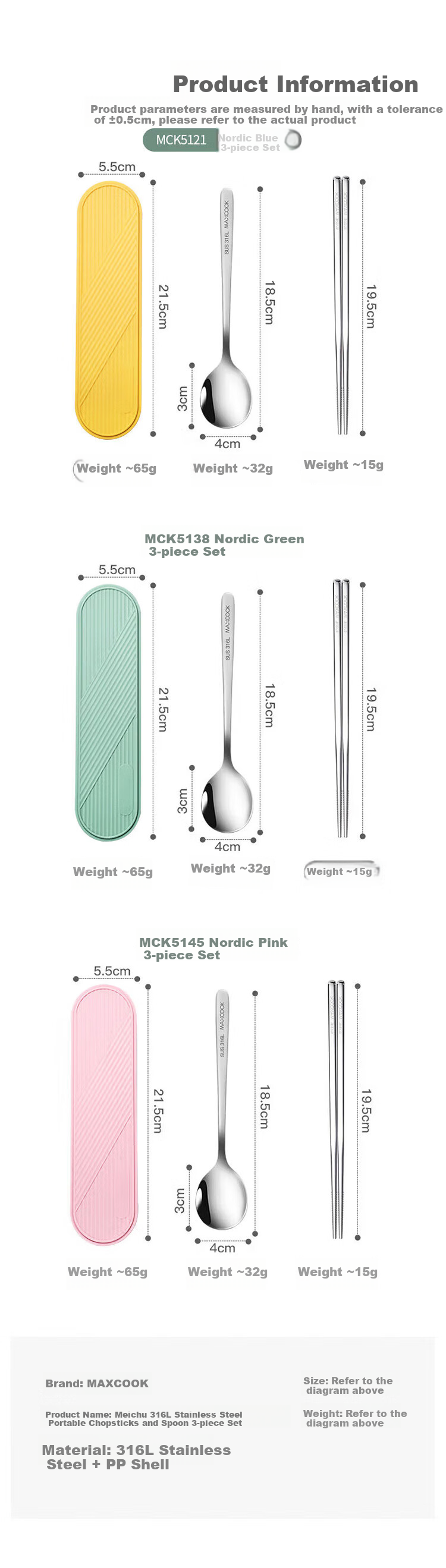MAXCOOK 316L Stainless Steel Chopsticks And Spoon Cutlery Set, Portable Three-Piece Chopsticks And Spoon Set, Nordic Blue MCK5121 4