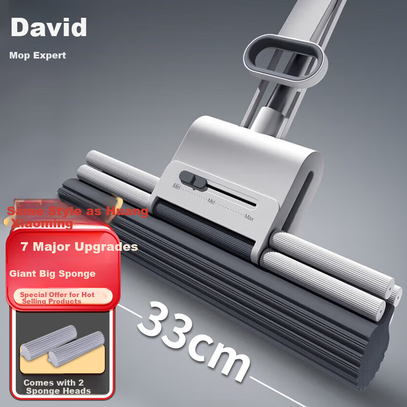 Dawei Sponge Mop, 33cm Rubber Cotton Head, 127cm Long Handle, 2 Heads, M11 Roller Type, Household All-In No Hand Washing Required