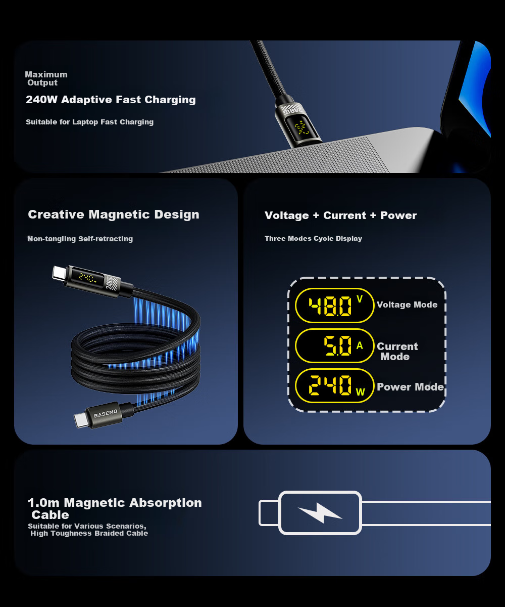 Beimo Magnetic Display Charging Cable, 240W Fast Charging Type-C Data Cable, Suitable for IPhone 18/17 Pro Max, Apple/Huawei/Xiaomi Phones, IPad/laptops, 1 Meter Black 1