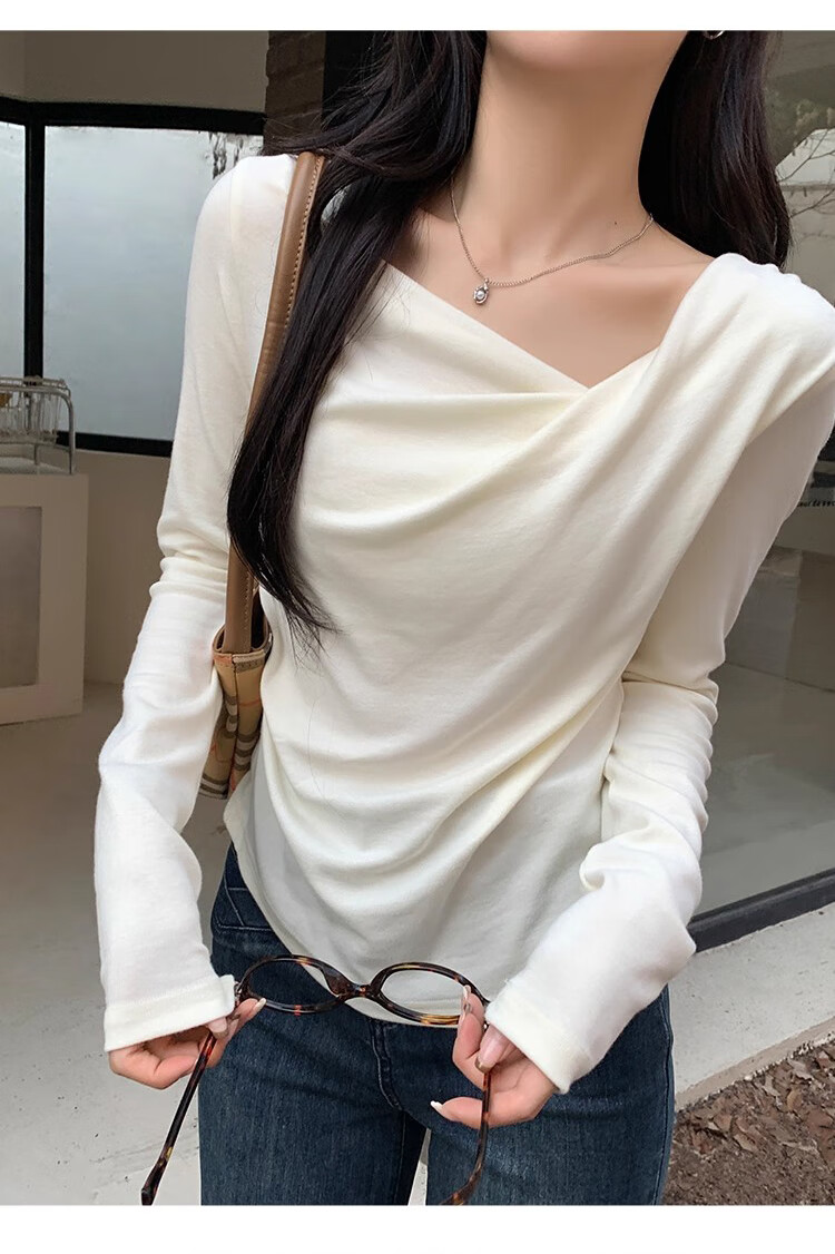 Woodpecker Dangling Collar Long Sleeve T-Shirt Women Autumn New Pure Desire Off-Shoulder Slim Fit Base Shirt Top Apricot XL 1