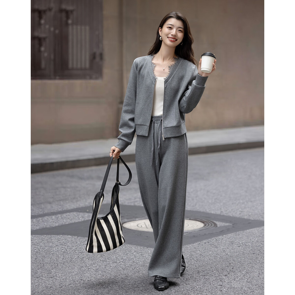 Demana Air Layer Set Autumn Lace Eyelash V-Neck Short Top Elastic Waist Wide-Leg Women's Two-Piece Set