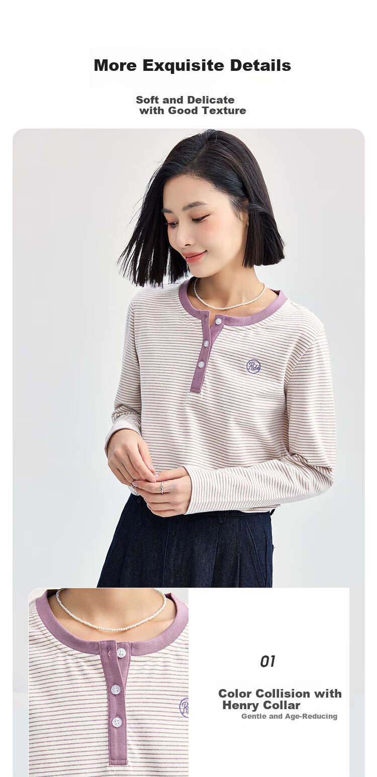 Giordano Women's Striped Embroidered Pullover T-Shirt, Contrasting Color Henley Collar Long Sleeve Tee for Women 13324704 4