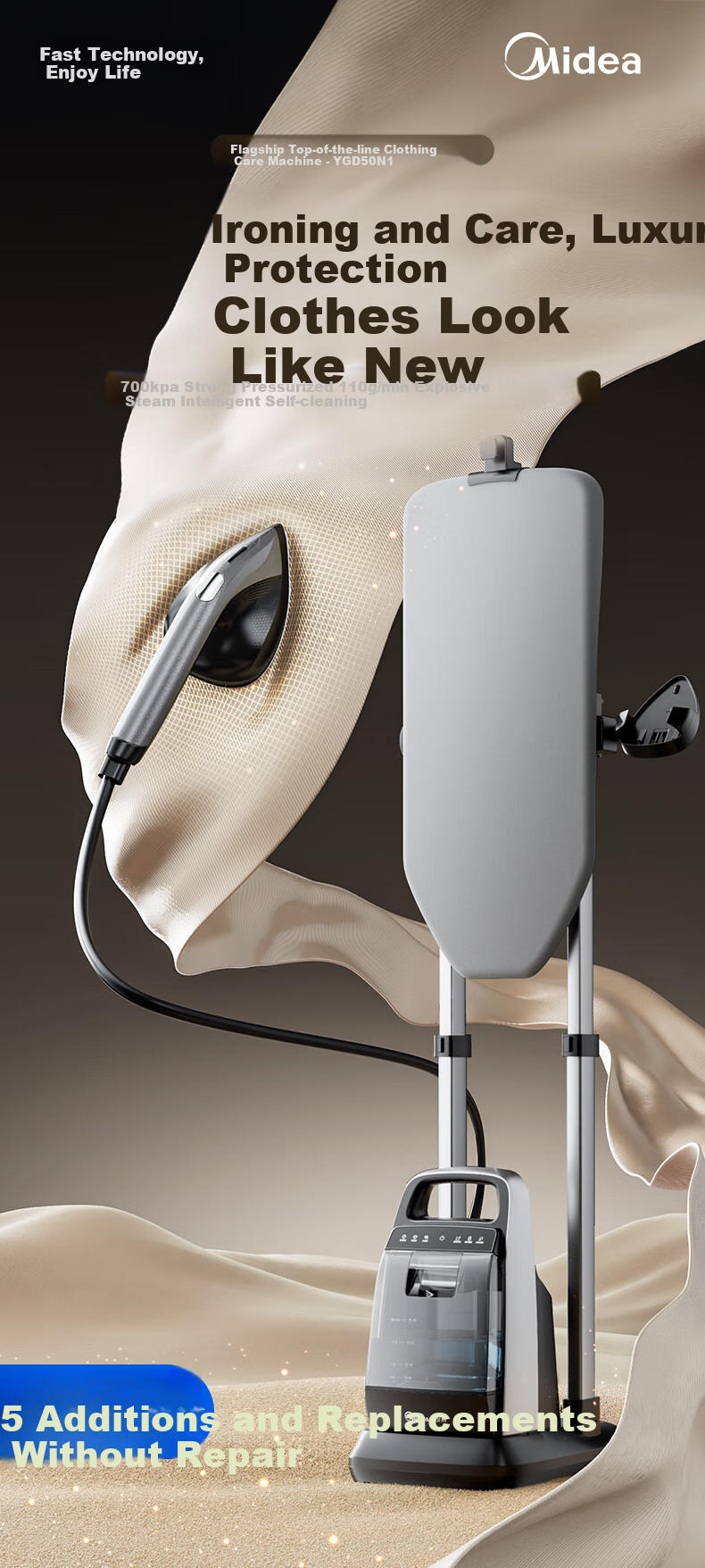 Midea [Gao Ding Huli 7.0] Upright Garment Steamer, 110g/min Explosive Steam, High Power, for Home And Professional Use, Gentle Care Machine for Clothes, YGD50N1 3