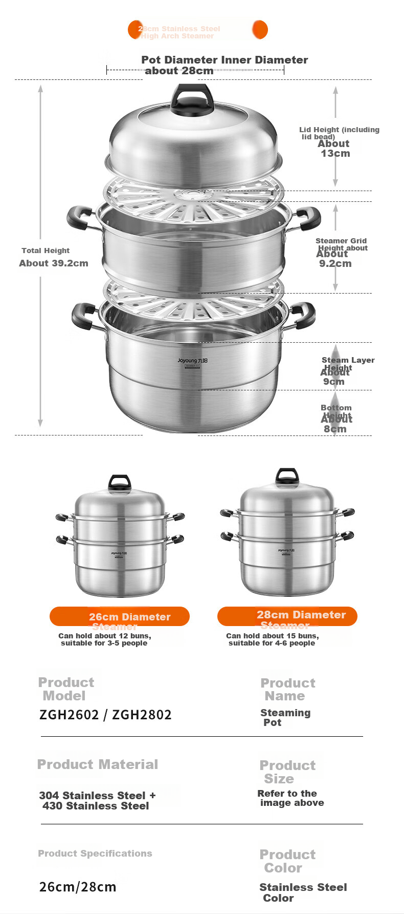 Joyoung Steamer Pot, 304 Stainless Steel, High Arched Lid, Large Capacity, Double-Layer, Suitable for Steaming Buns, Making Soup, Universal for Stove, 28cm 2